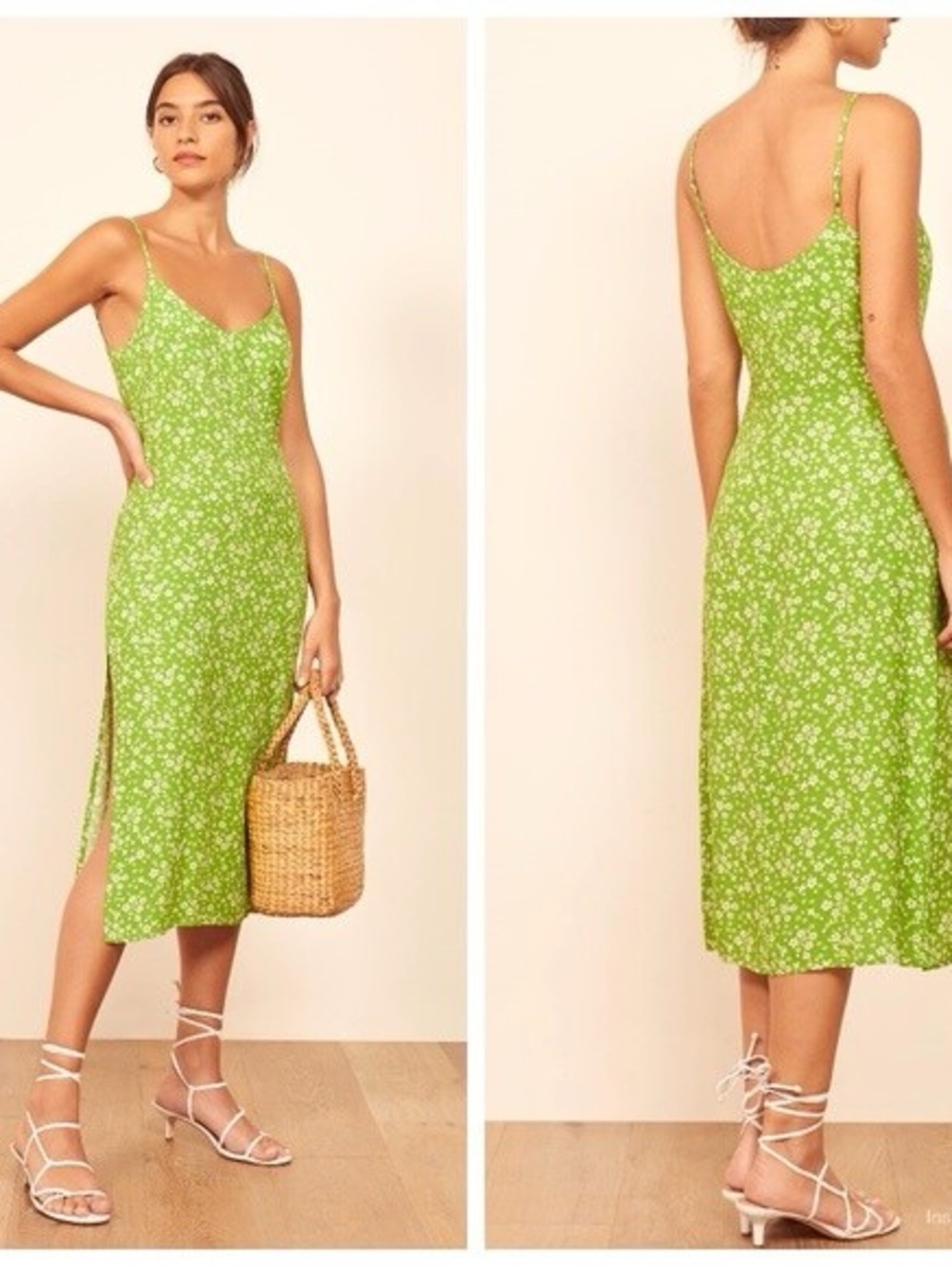 Reformation Halsten Midi Slip Dress Green Combo Floral 10 Cami Side Slit
